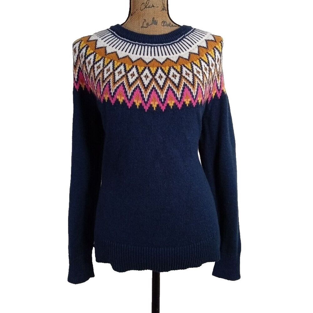 Old Navy Fair Isle Sweater M Crew Neck Nordic Knit Navy Cream Yellow Pink SOFT!